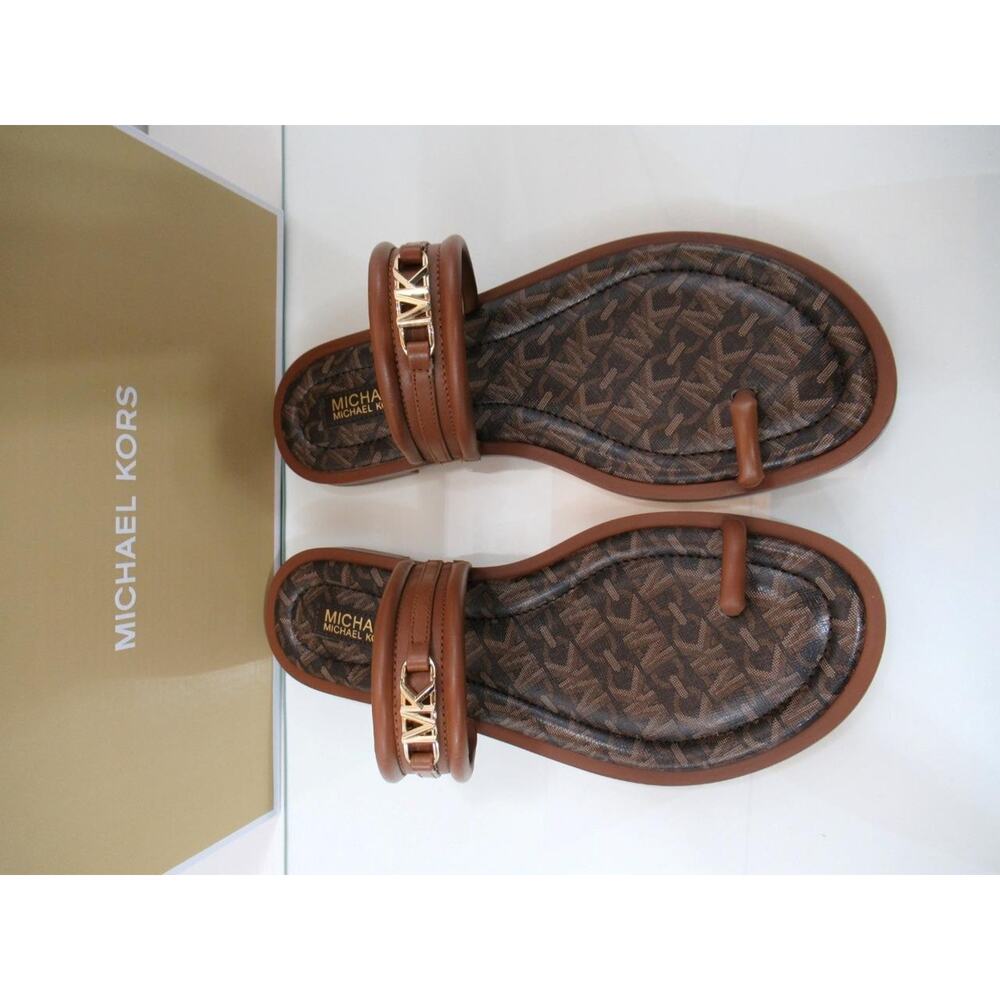 Michael Kors Veronica Flat Thong Sandals Double Strap MK Logo Brown Size 7.5 - Picture 5 of 8